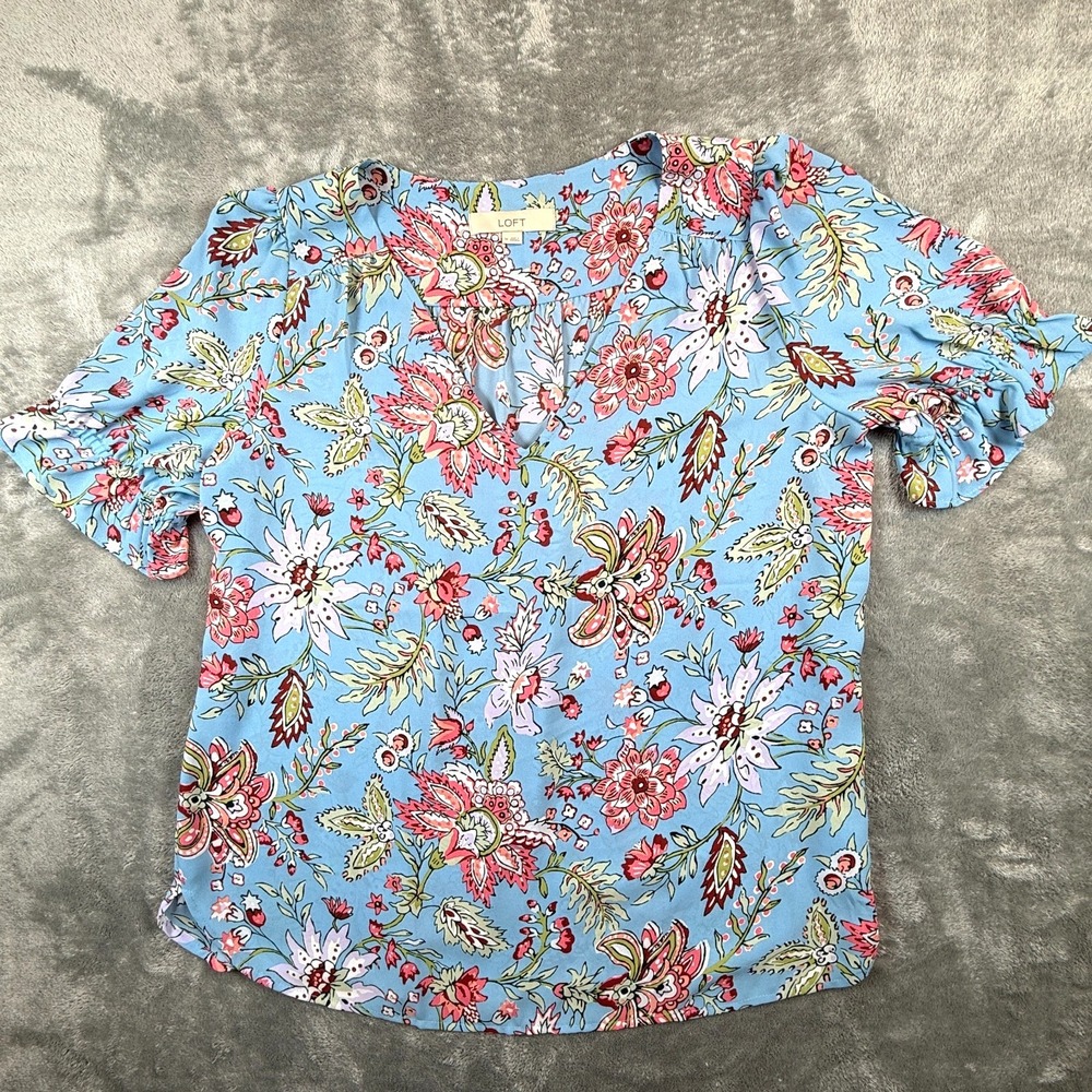 LOFT Blue Floral V-Neck Blouse Ruffle Sleeve Flowy Top Womens Size M